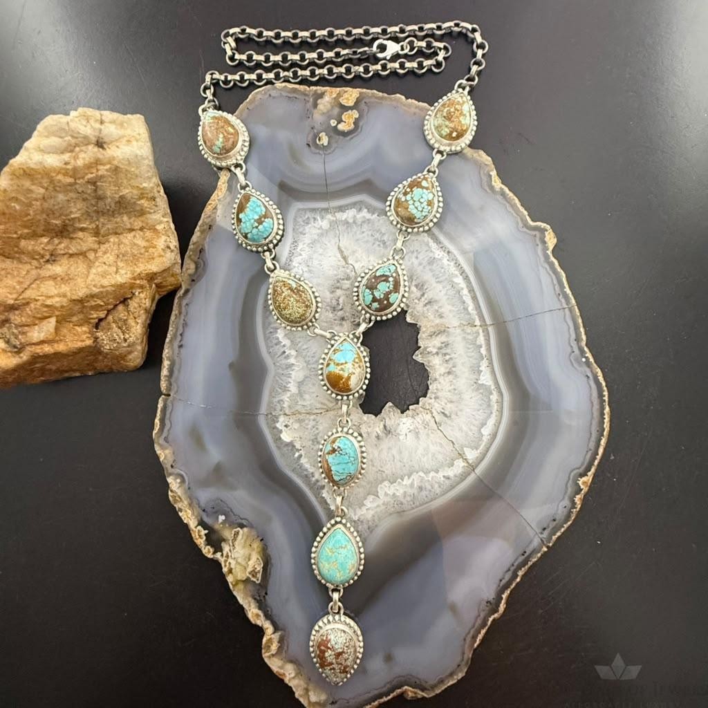 Sterling Silver Southwestern Style Teardrop Turquoise #8 Lariat Necklace For Women