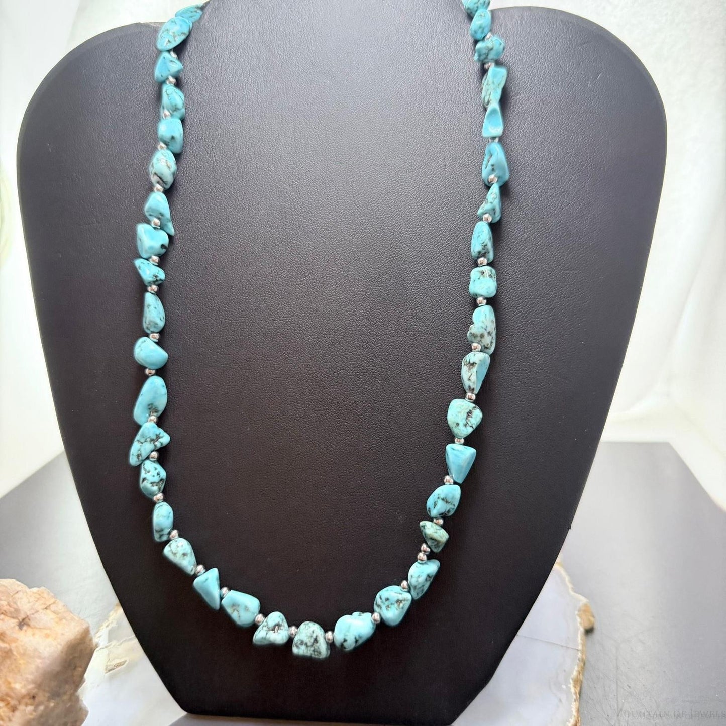 Sterling Silver Southwestern Style Natural Turquoise w/Silver Beads Necklace For Women
