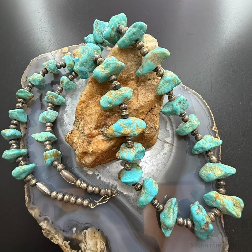 Vintage Sterling Silver Native American Natural Turquoise w/Silver Beads 27" Necklace For Women