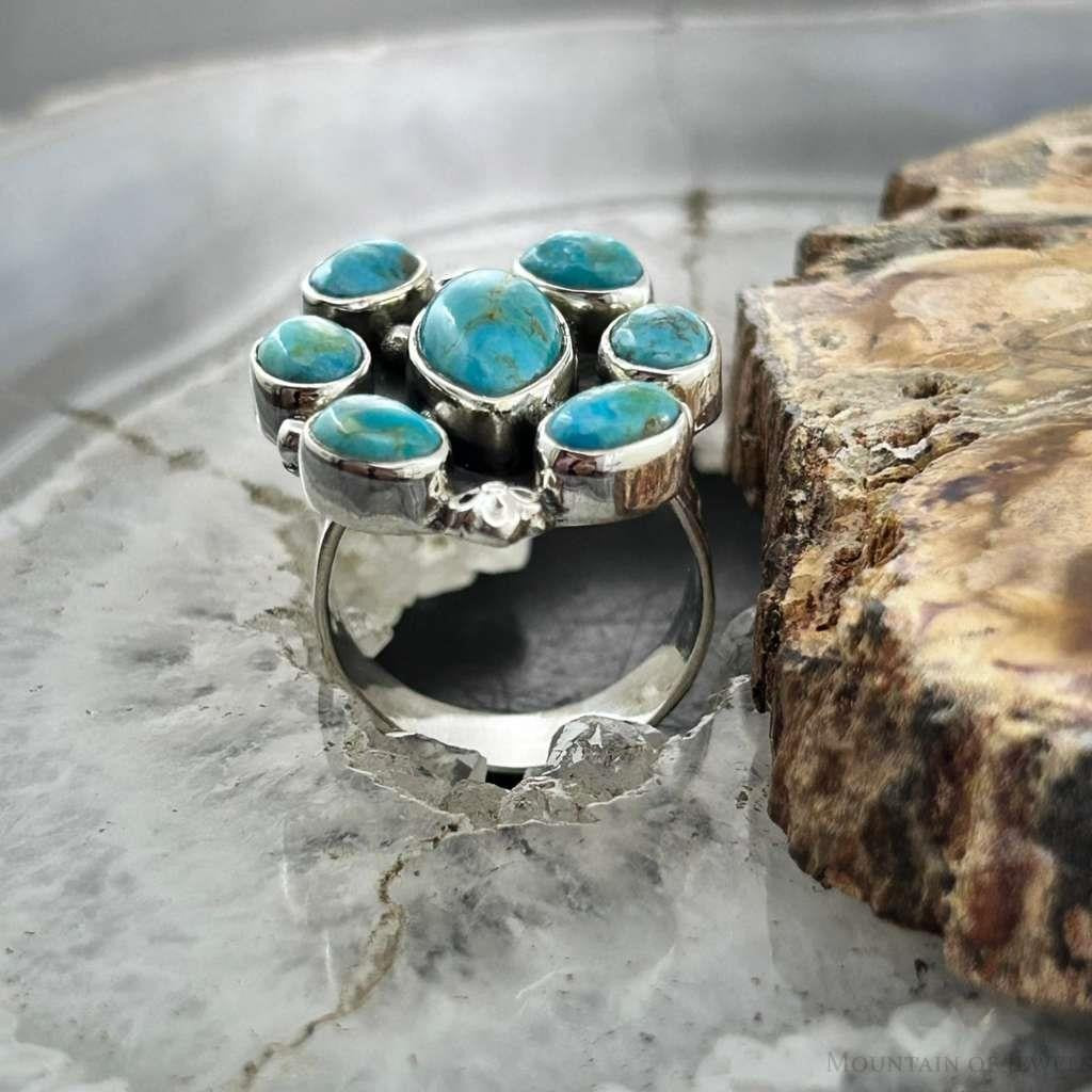 Sterling Southwestern Style Mohave Turquoise Cluster Ring Size 8 For Women