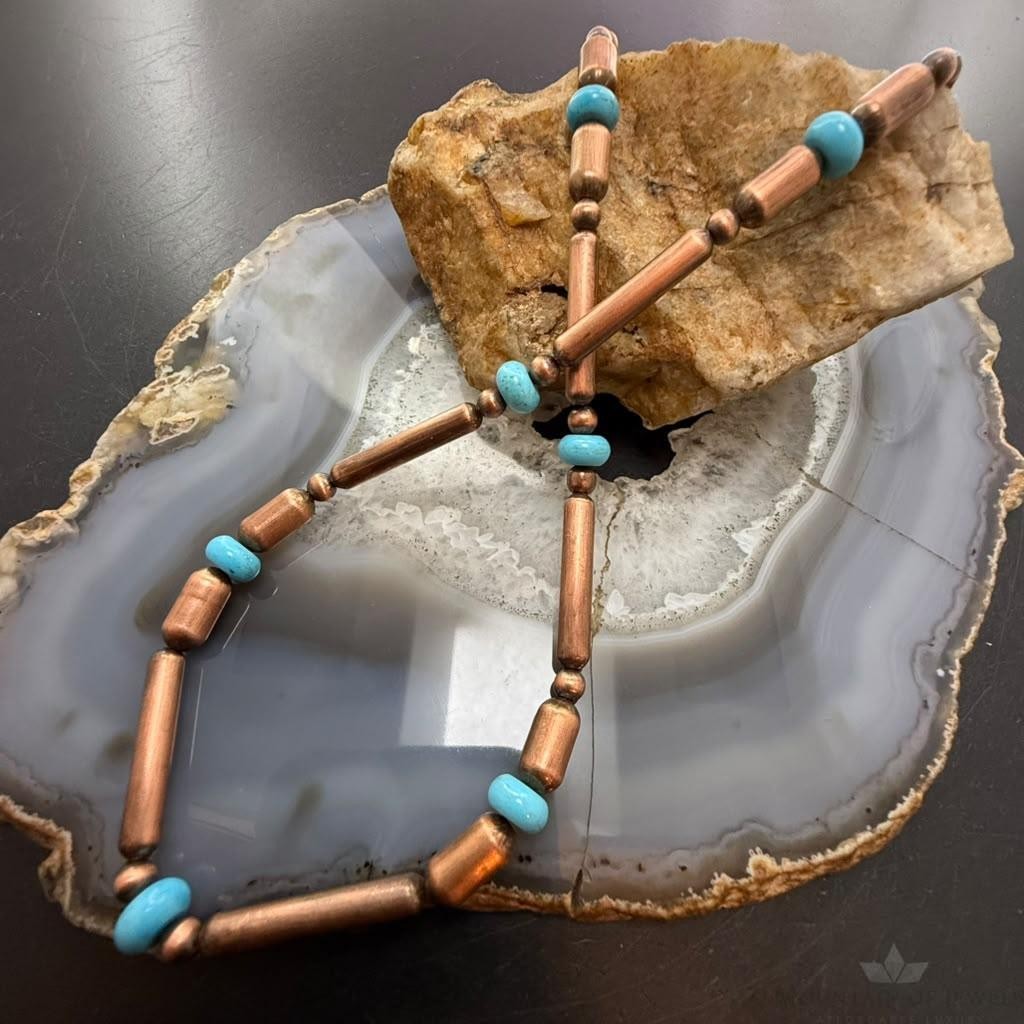 Southwestern Style 5-6mm Copper Navajo Pearl Round & Cylinder w/Royal Beauty Turquoise 20" Necklace For Women