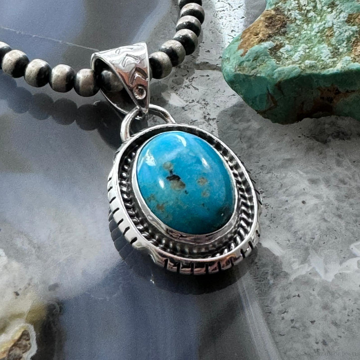 Native American Sterling Silver Oval Turquoise Decorated Unisex Pendant