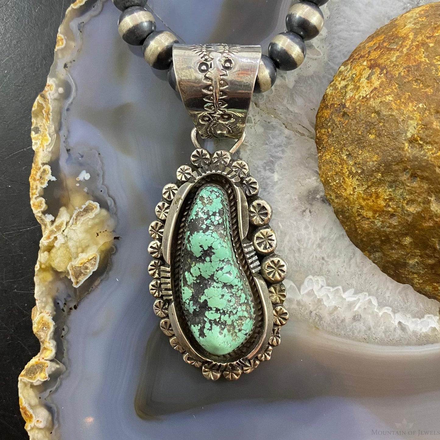 Native American Sterling Silver Green Kingman Turquoise Decorated Pendant
