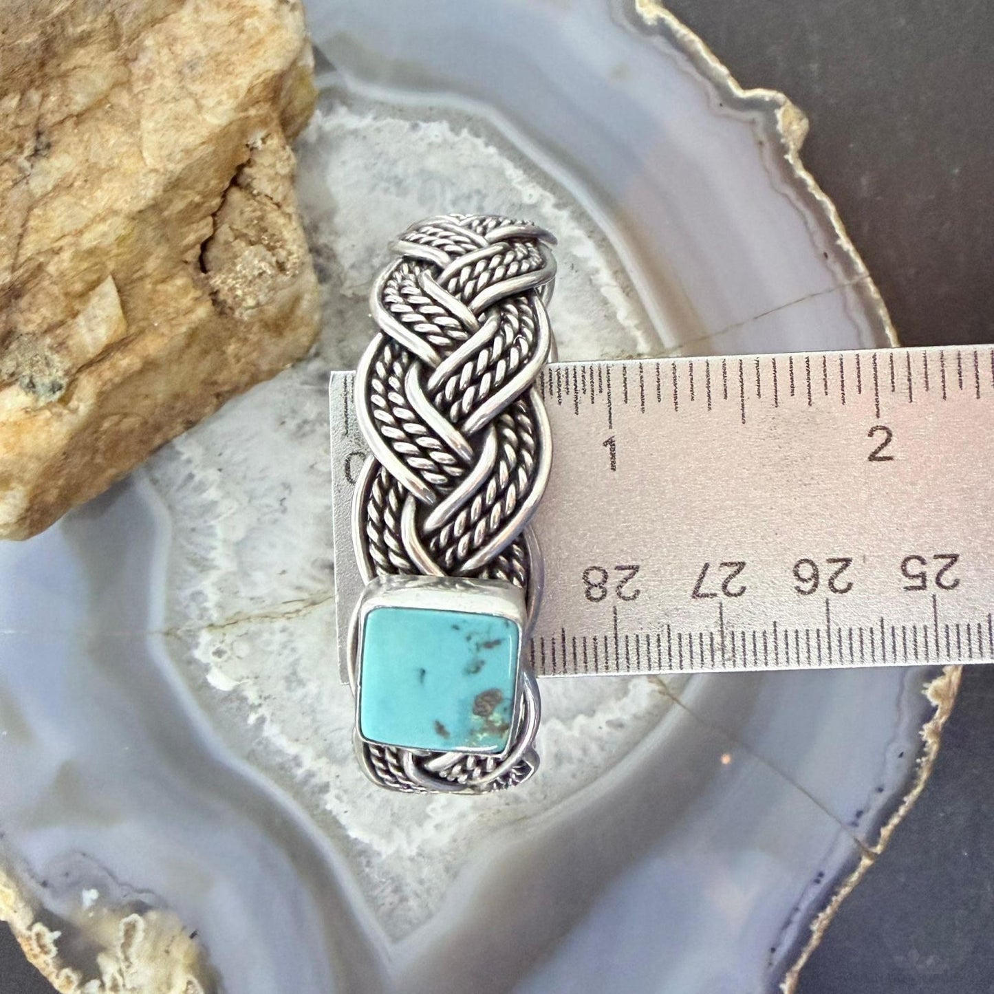 Sterling Silver Woven Rope With Square Turquoise Fashion Bracelet For Women