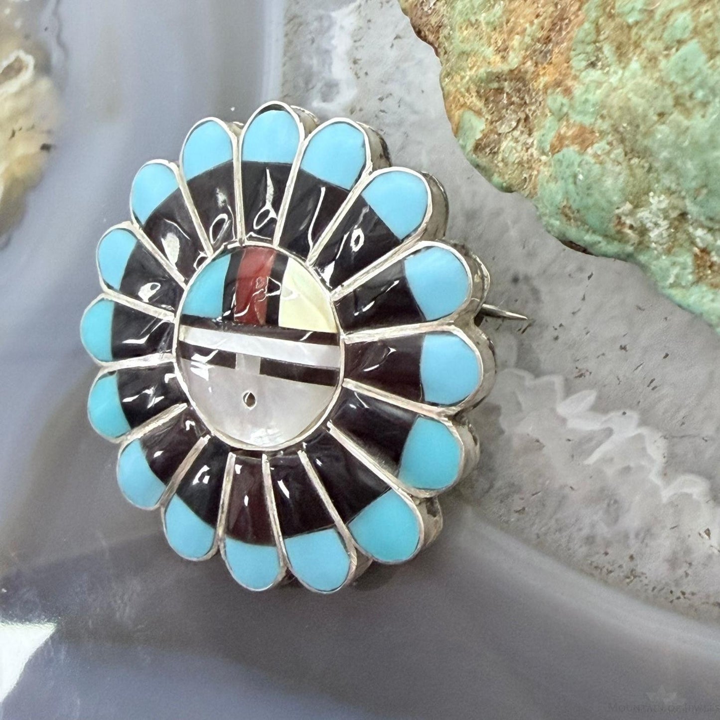 Verden Niiha Zuni Sterling Multistone Inlay Sunface Pendant/Brooch For Women