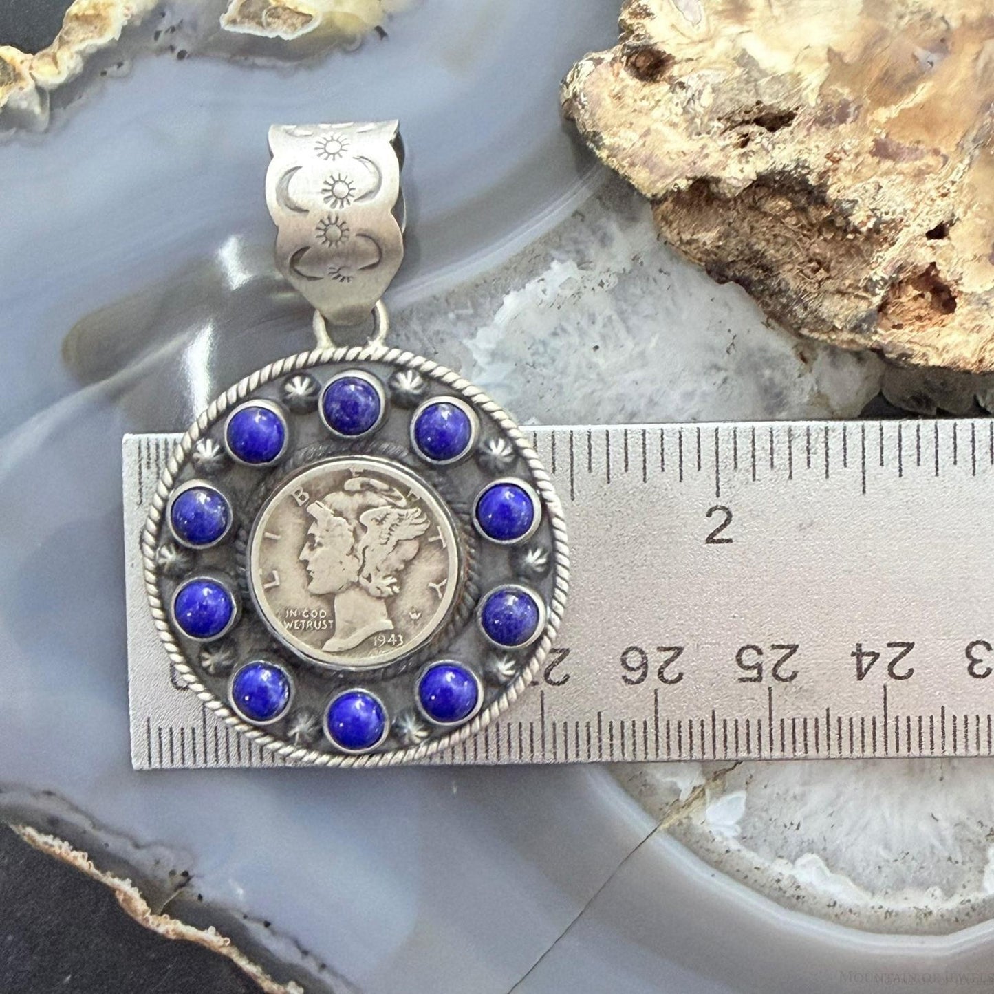 Genuine 1943 90% Silver Mercury Dime Coin w/Lapis Decorated Unisex Pendant #1