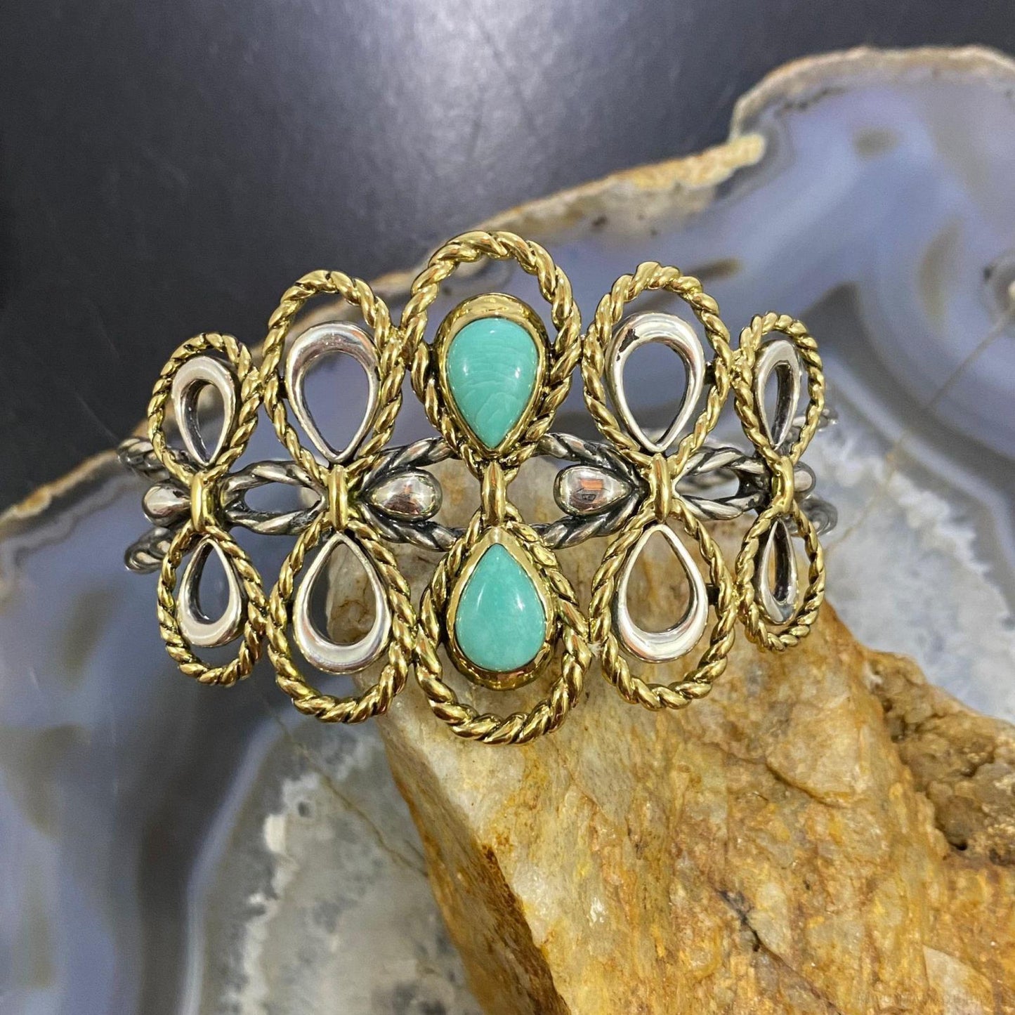 Carolyn Pollack Sterling Silver & Brass 2 Turquoise Decorated Bracelet For Women