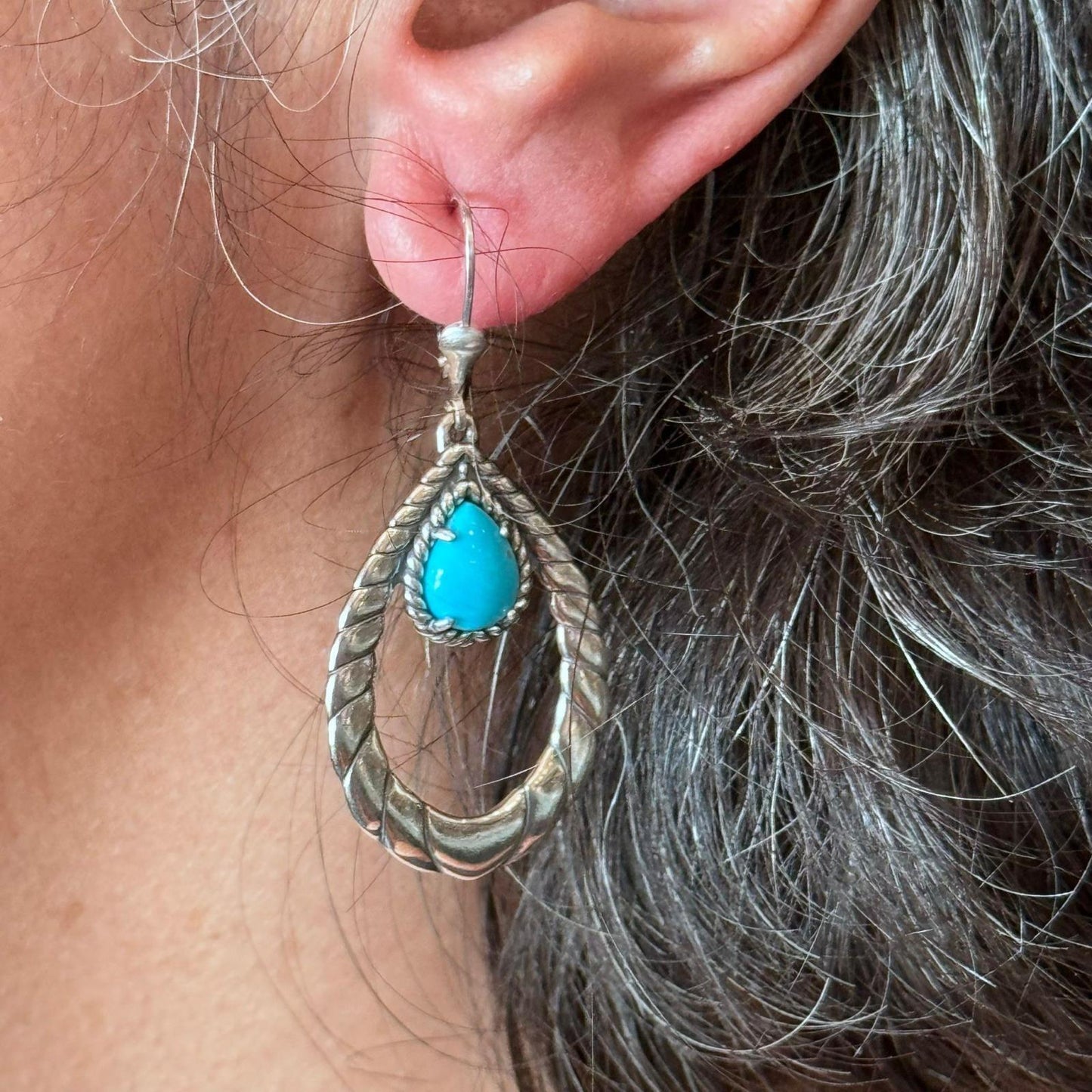 Carolyn Pollack Sterling Silver Teardrop Sleeping Beauty Turquoise Hoop Dangle Earrings For Women