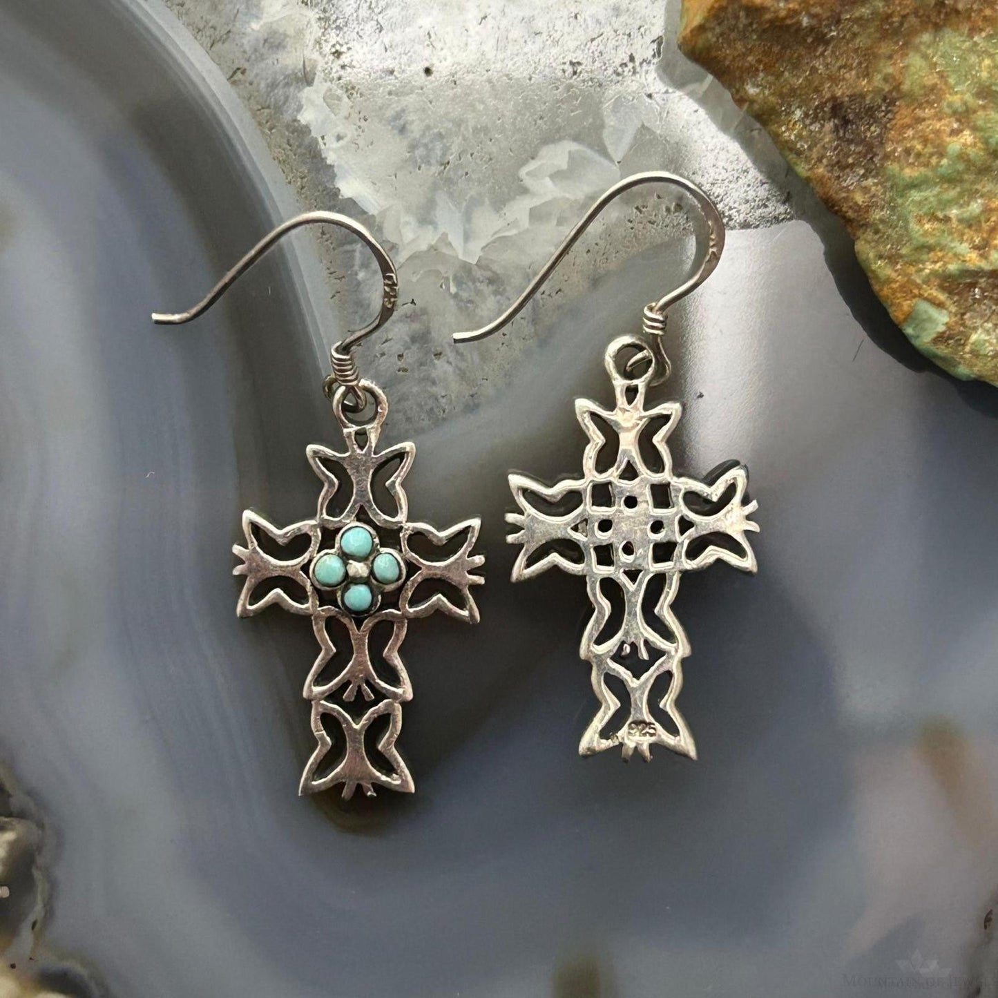 Sterling Silver Southwestern Style Turquoise Cross Dangle Earrings For Women