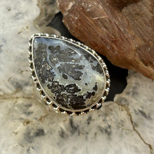 Sterling Silver Southwestern Style Teardrop Parral Dendritic Agate Ring Size 9 For Women