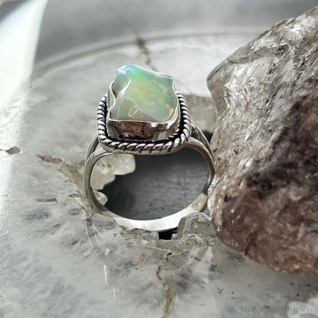 Sterling Silver Southwestern Style Natural Shape Opal Ring Size 7.25 For Women #1