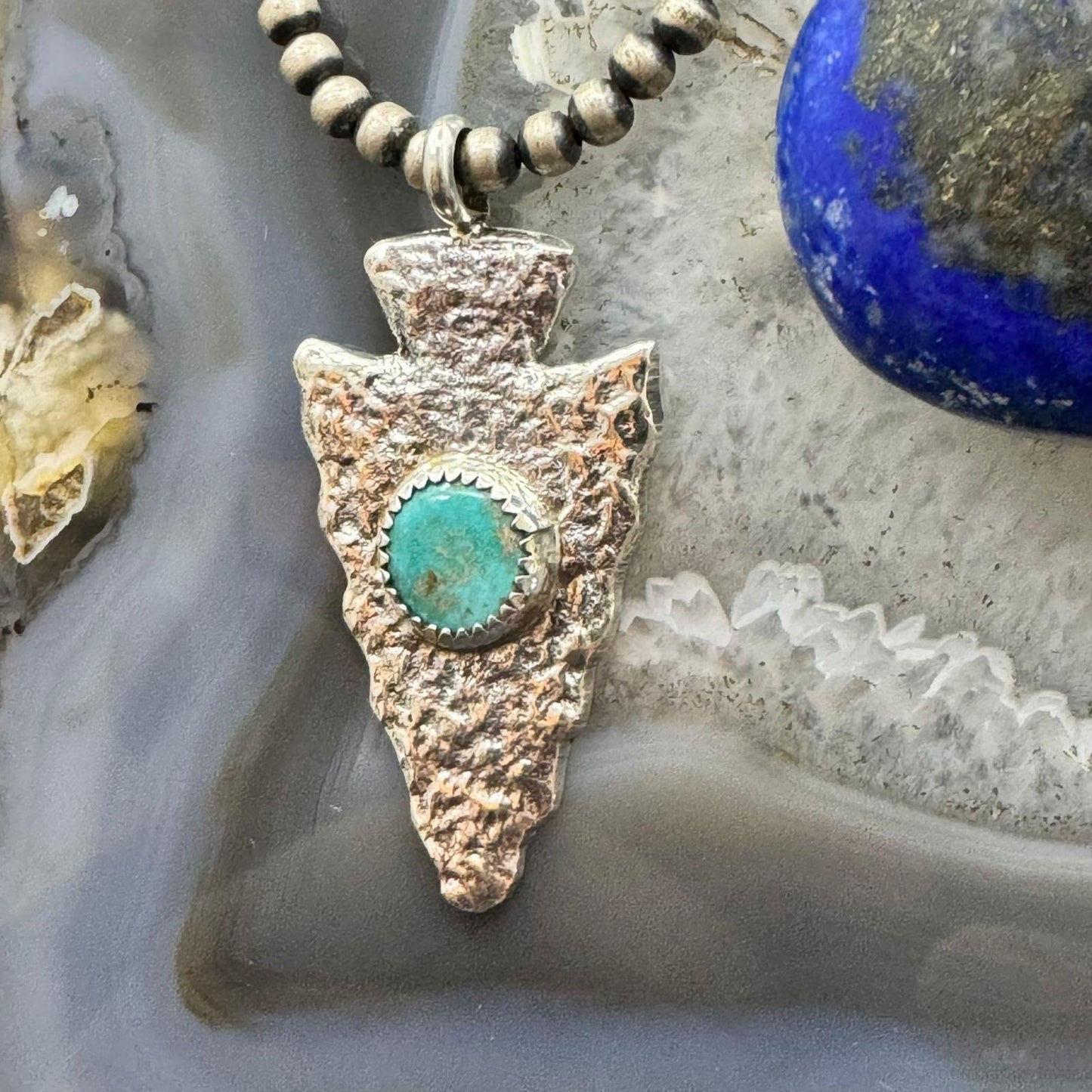 Gary Custer Native American Navajo Sterling Silver Tufa Cast Turquoise Arrowhead Unisex Pendant #3