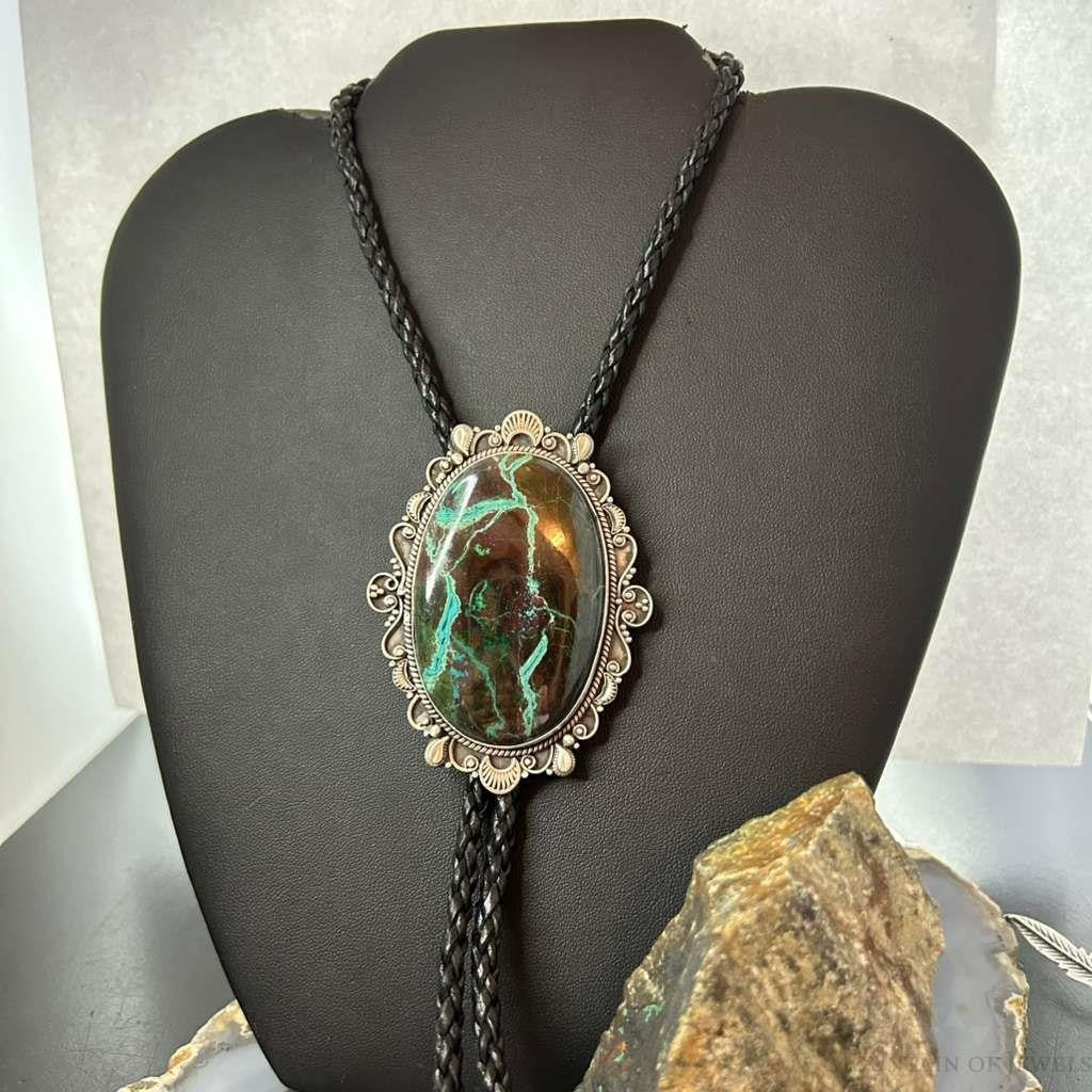 Sterling Silver Southwestern Style Large Chrysocolla Decorated Bolo Tie For Men