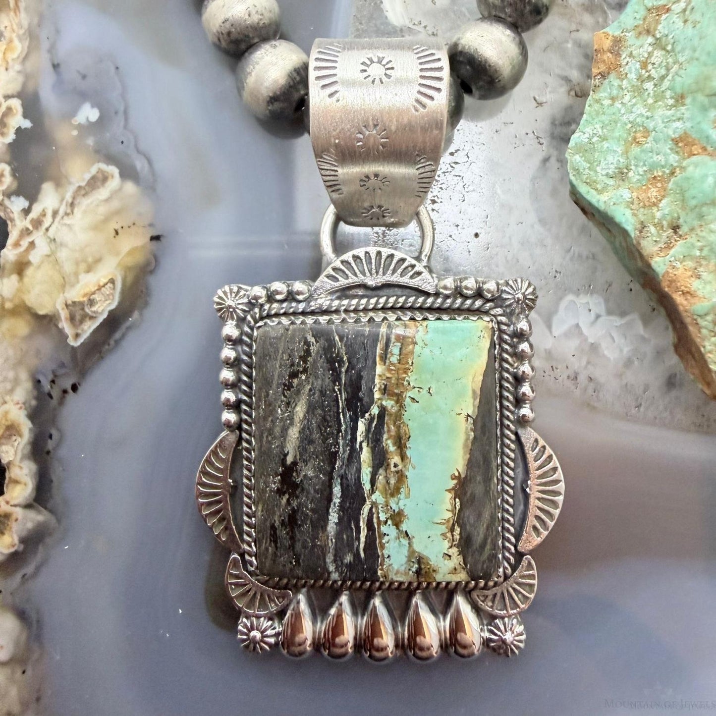 Sterling Silver Southwestern Style Square Blackjack Turquoise Pendant For Women
