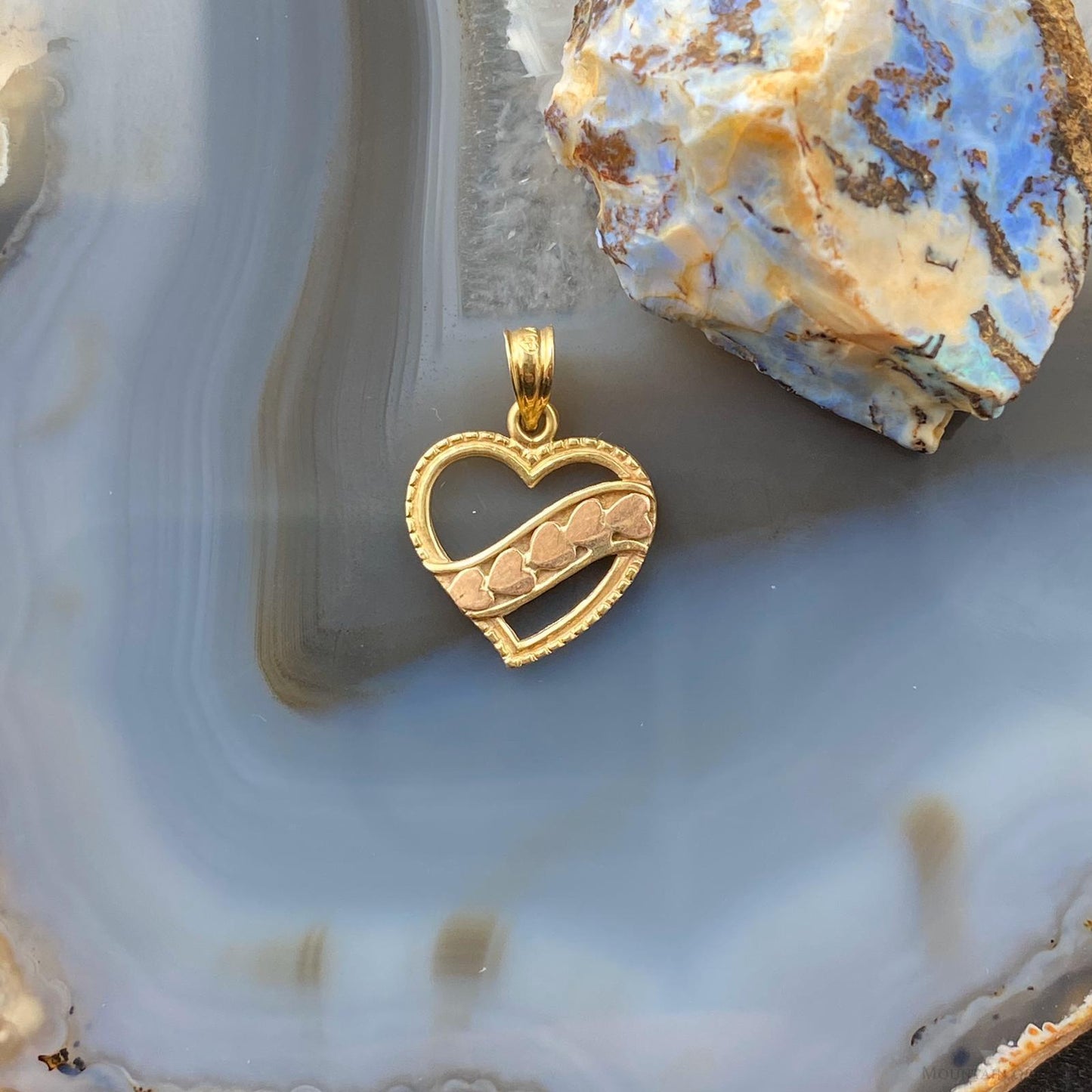 14K Yellow Gold Double Sided Heart Shape "XOXO" and Hearts Dainty Pendant