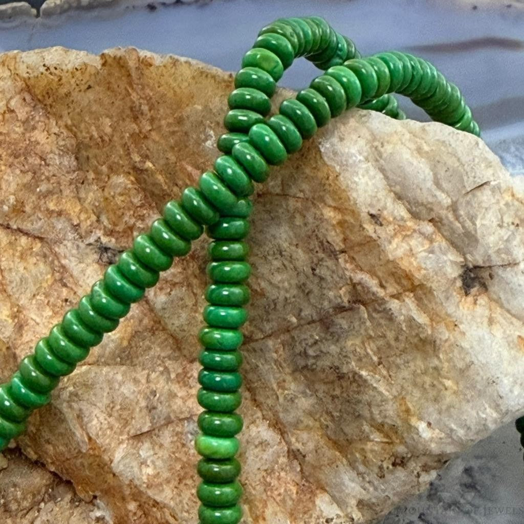 Sterling Silver Southwestern Style Round Green Turquoise Beads 16" Necklace For Women