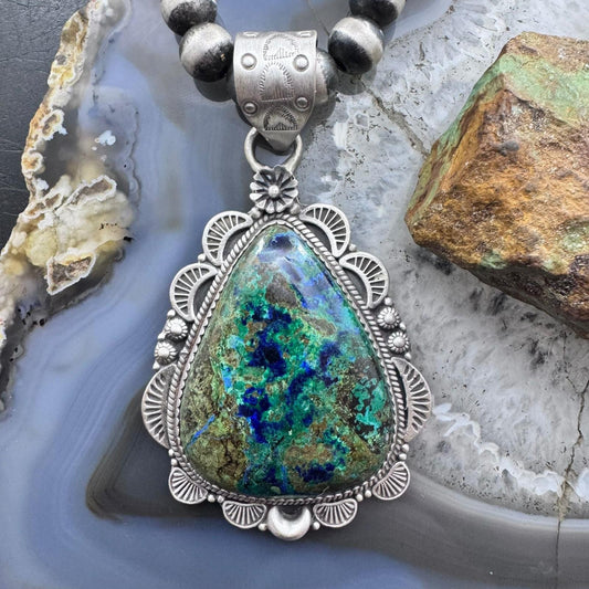 Sterling Silver Southwestern Style Teardrop Chrysocolla Decorated Pendant For Women