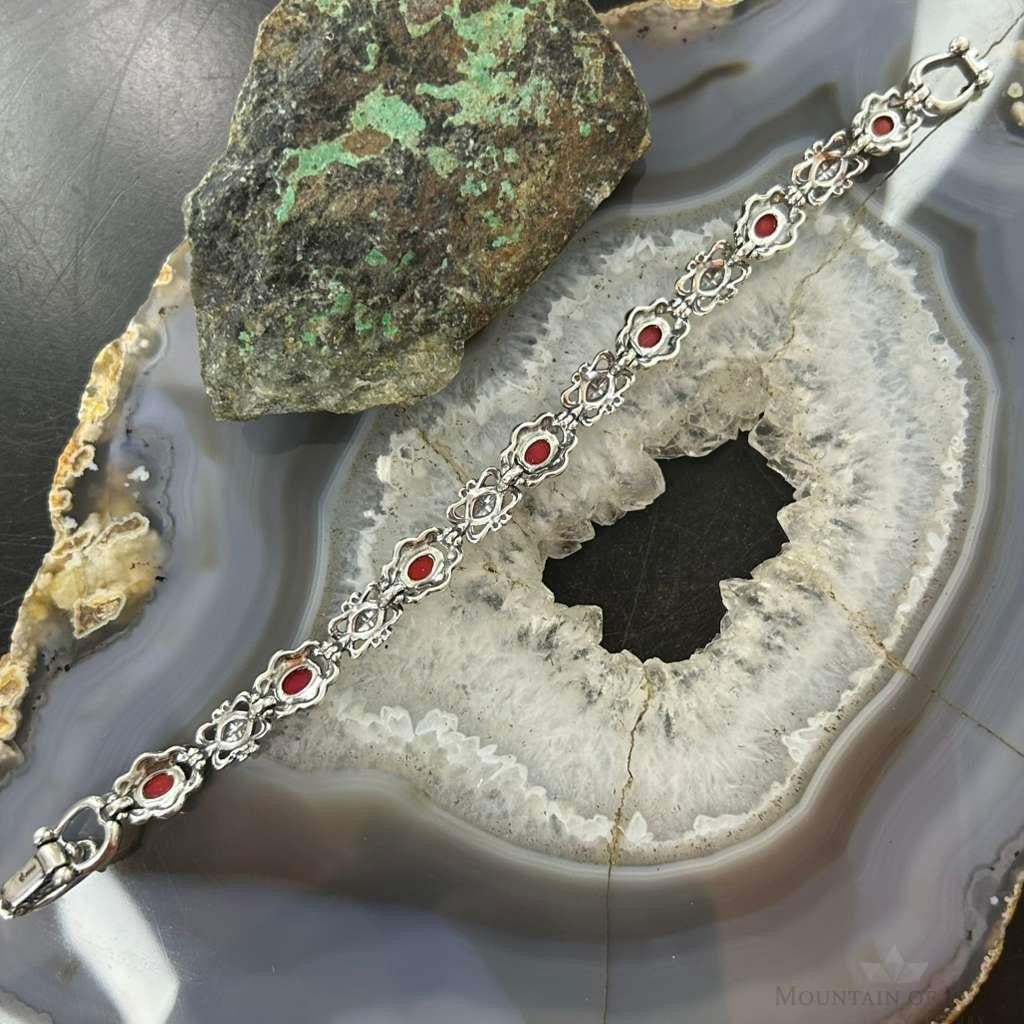 Carolyn Pollack Sterling 7 Oval Red Jasper Decorated Link Bracelet For Women