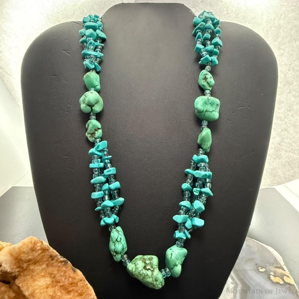 Vintage Native American Rough & Chunky Turquoise & Beads 22" Necklace For Women