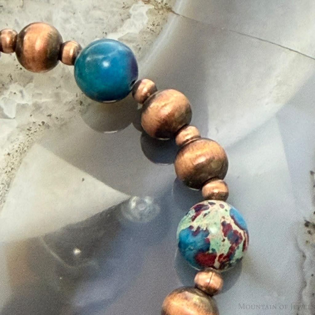 Southwestern Style 4-8mm Copper Navajo Pearl Beads &10mm Jasper Stretch Bracelet For Women