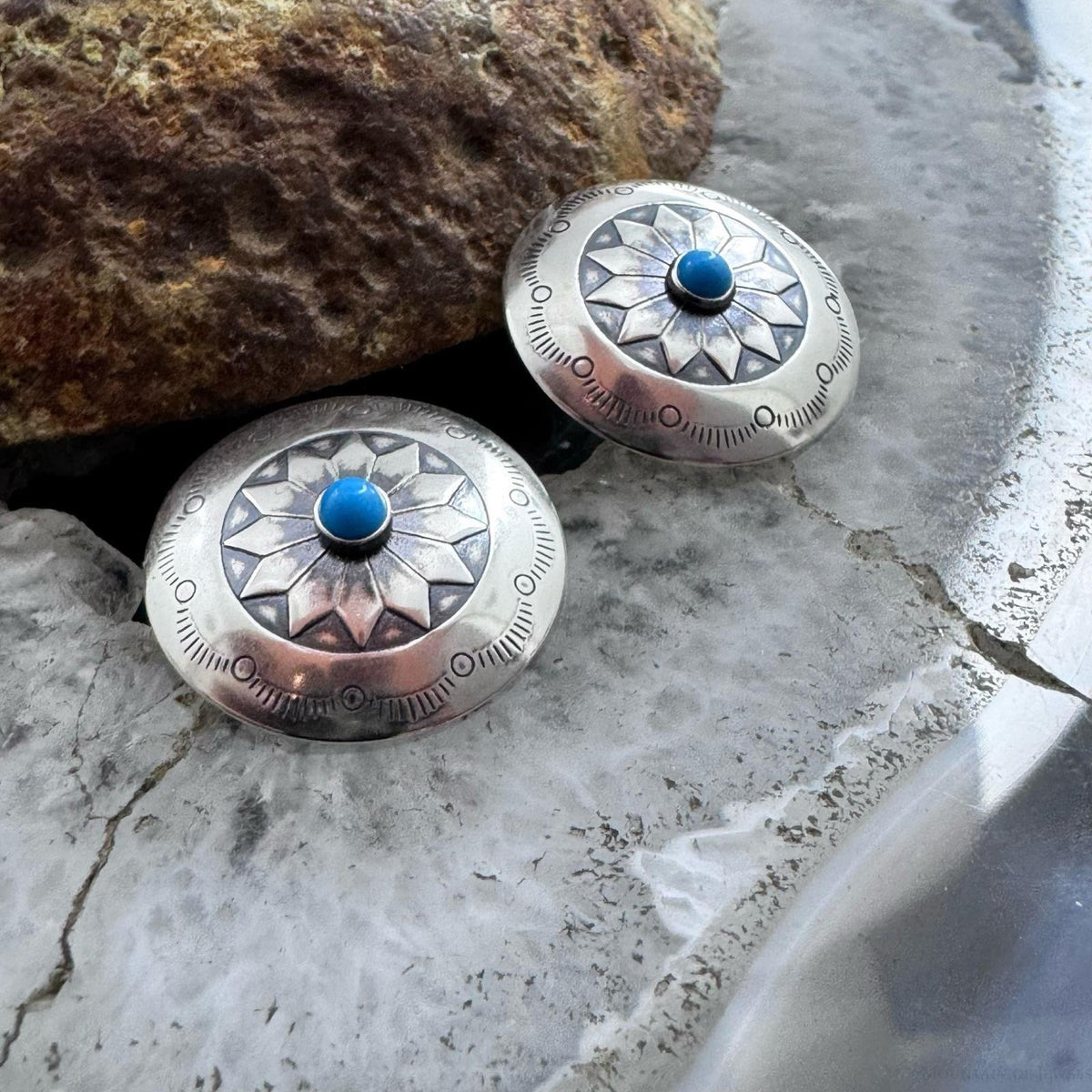 Native American Sterling Stamped Rounded Concho w/Turquoise Post Earrings