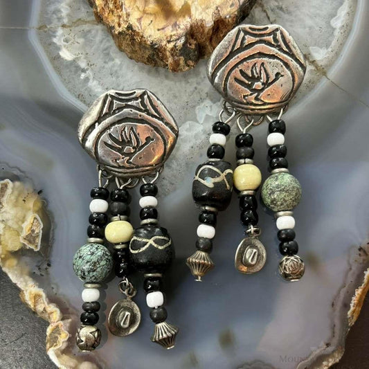 Vintage Sterling Silver Southwestern Roadrunner Beads Dangle Earrings For Women