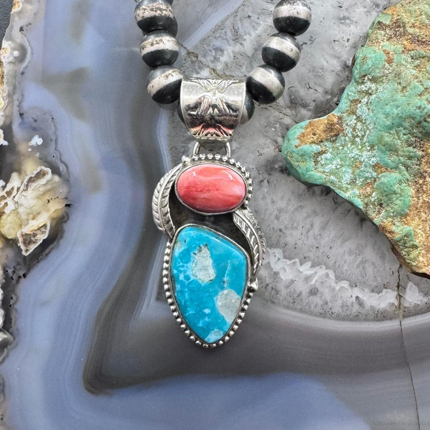 Native American Sterling Silver Oval Orange Spiny Oyster W/Triangular Turquoise Pendant For Women