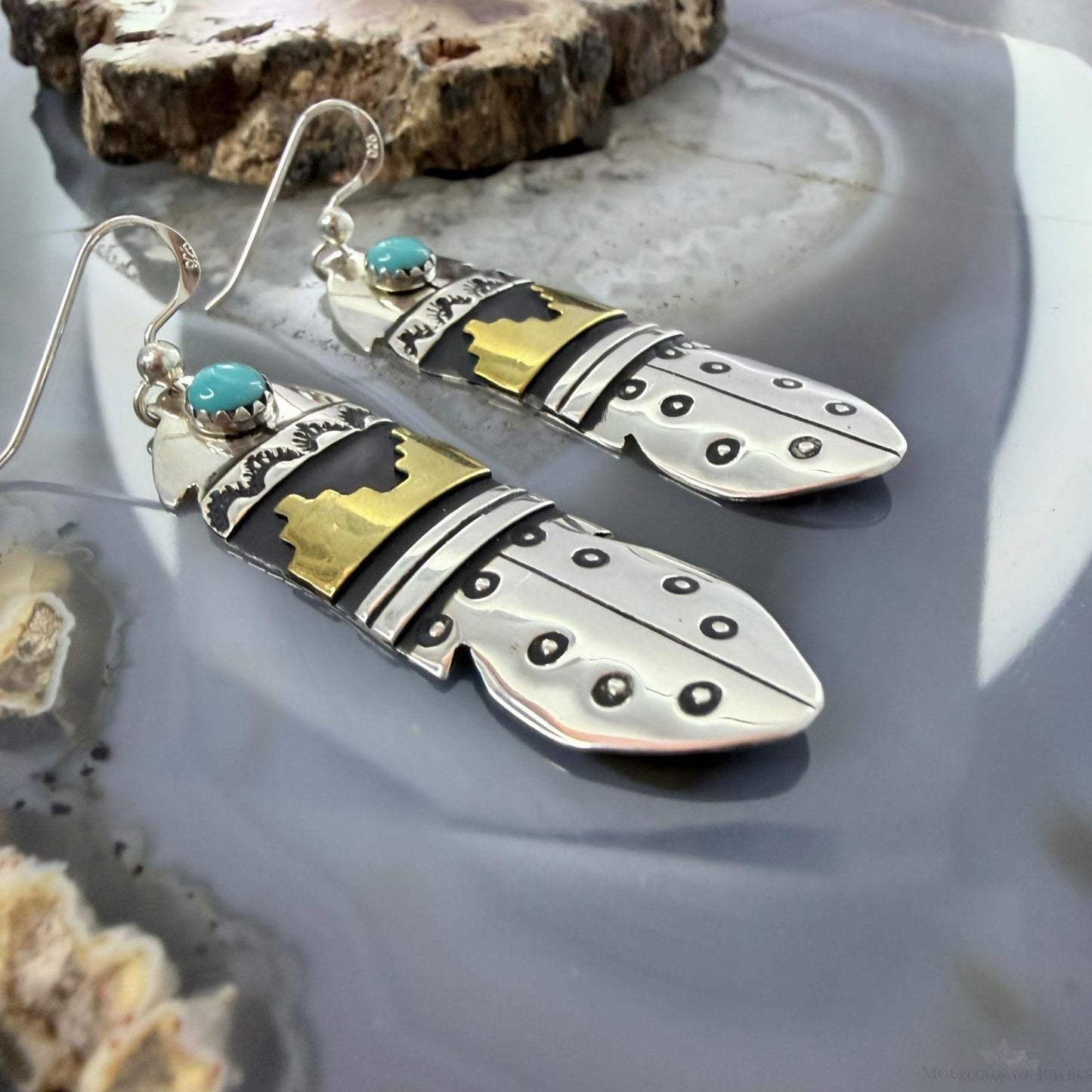 Tommy & Rosita Singer Sterling Silver & GF w/Turquoise Dot Stamped Dangle Earrings For Women