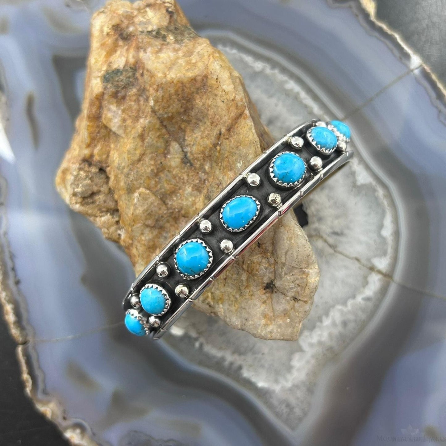 Reed Charley Native Americn Sterling Silver Turquoise Decorated Row Bracelet For Women