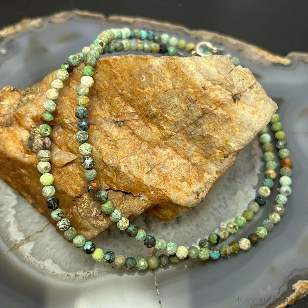 Sterling Silver 4mm Faceted Hubai Turquoise Beads 22" Necklace For Women