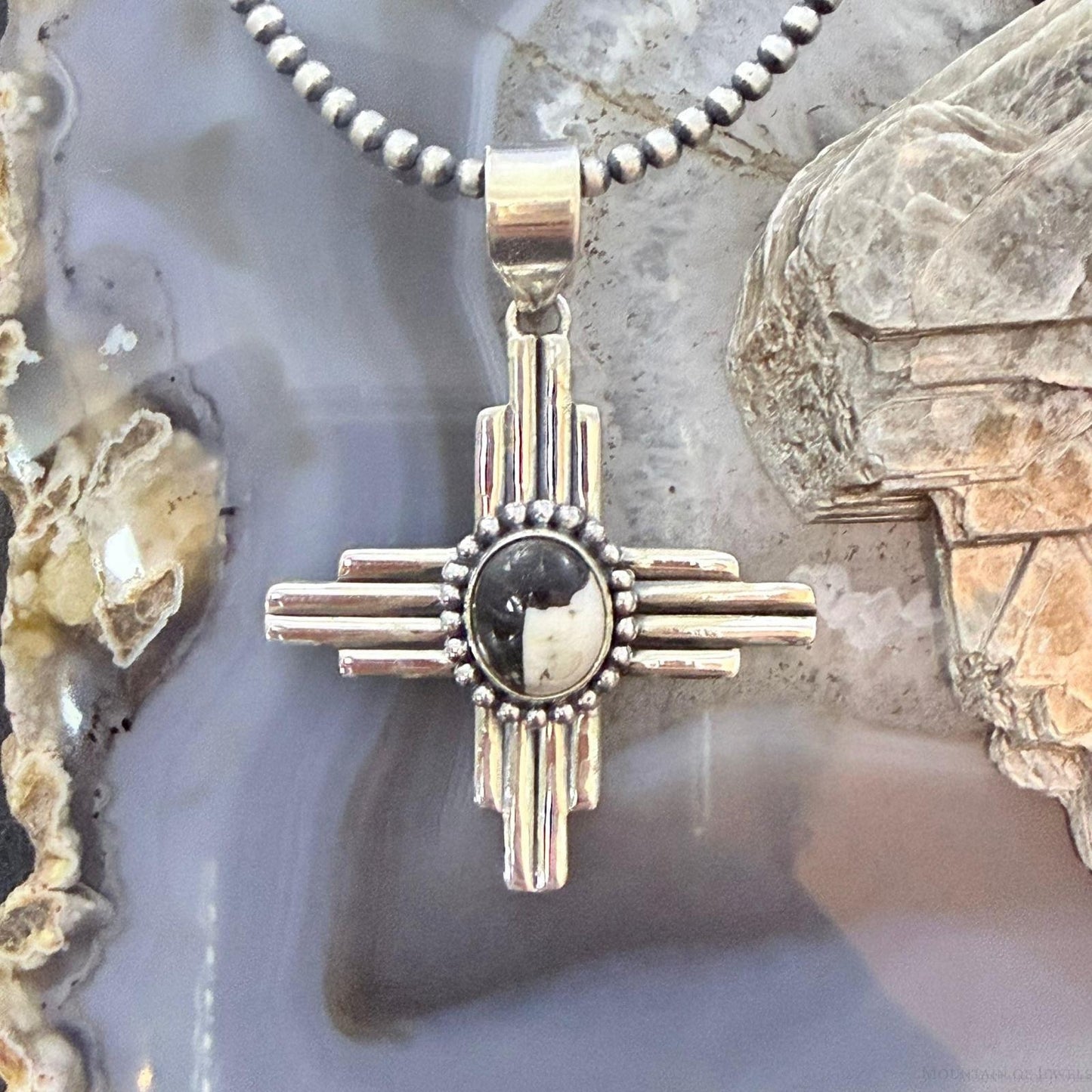 Sterling Silver Southwestern Style Oval White Buffalo Unisex Zia Pendant