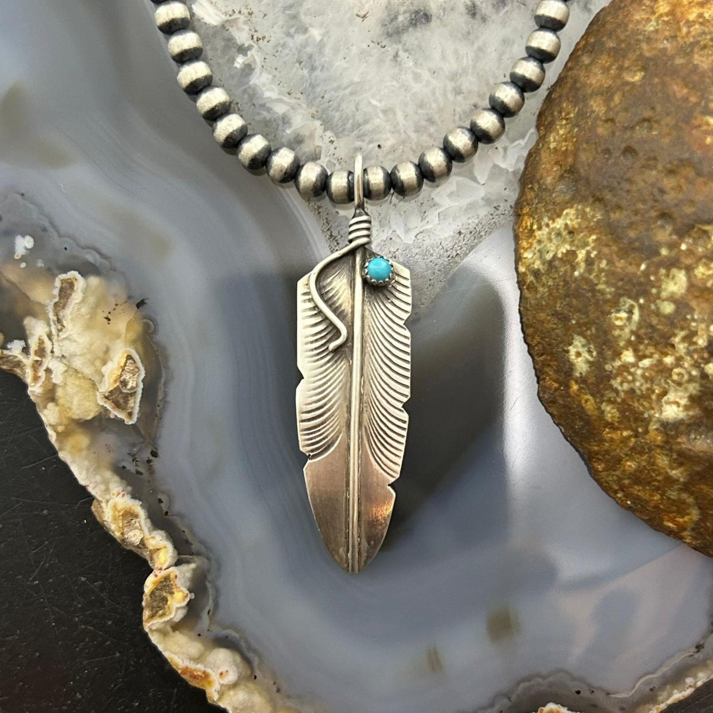 Chris Charley Native American Sterling Turquoise Dot Feather Unisex Pendant