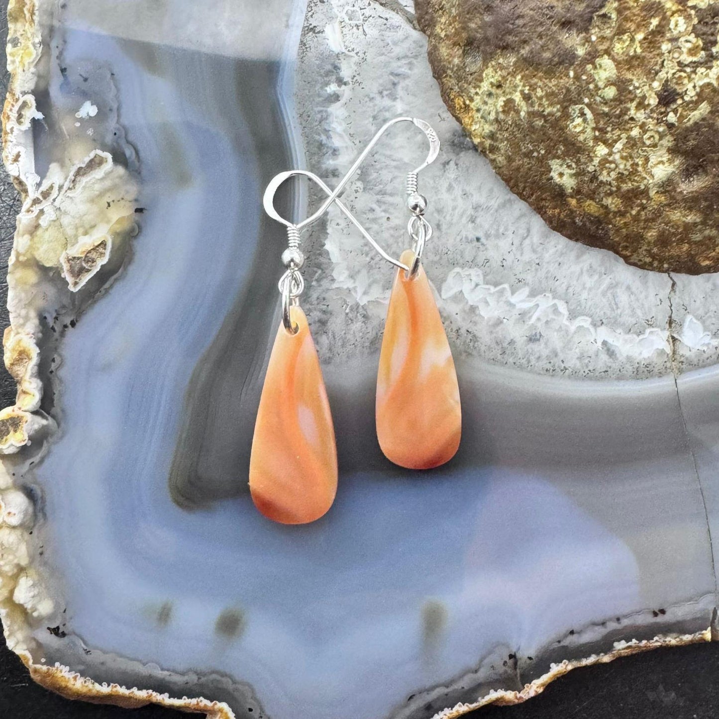 Sterling Silver Elongated Teardrop Carnelian Slab Dangle Earrings For Women #218