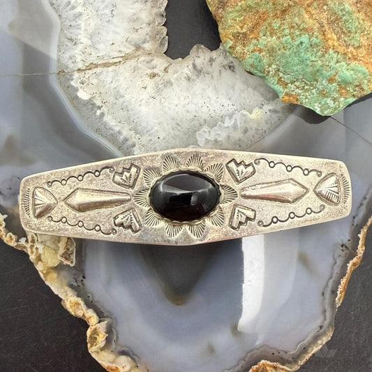 Signed Vintage Sterling Silver Native American Onyx Stamped Hair Barrette For Women