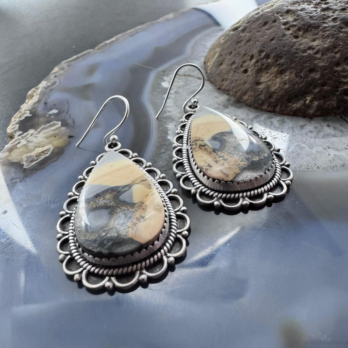 Sterling Silver Southwestern Style Teardrop Maligano Jasper Dangle Earrings For Women