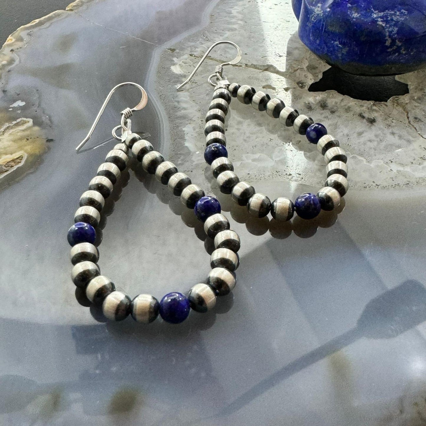 Sterling Silver Navajo Pearl Beads & Lapis Hoop Dangle Earrings For Women