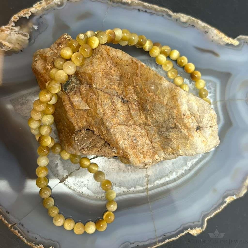 Sterling Silver 6mm Round Golden Tiger's Eye Beads 20" Necklace For Women