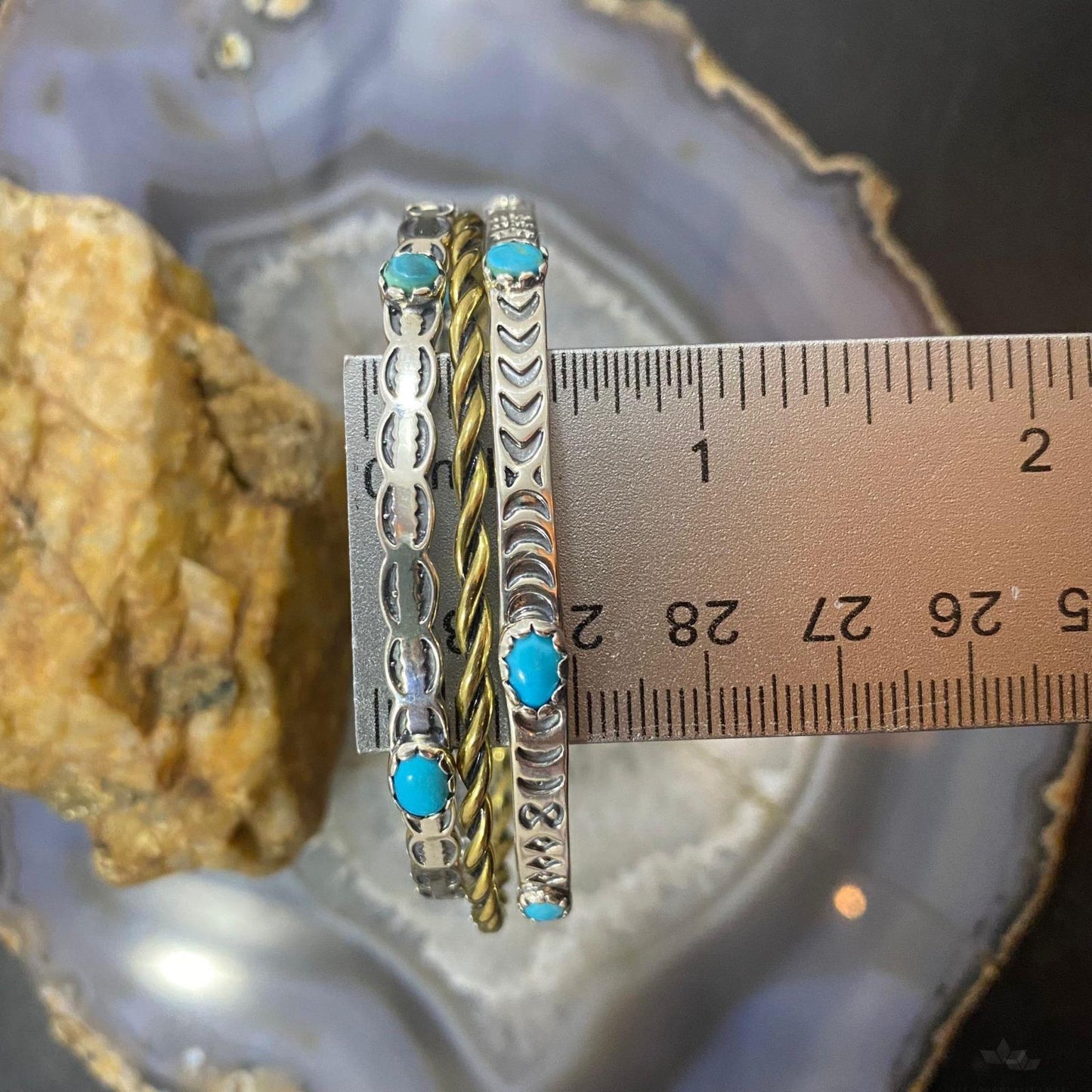 Carolyn Pollack Sterling Silver, Brass, Turquoise 3 Bangle Bracelet Set For Women