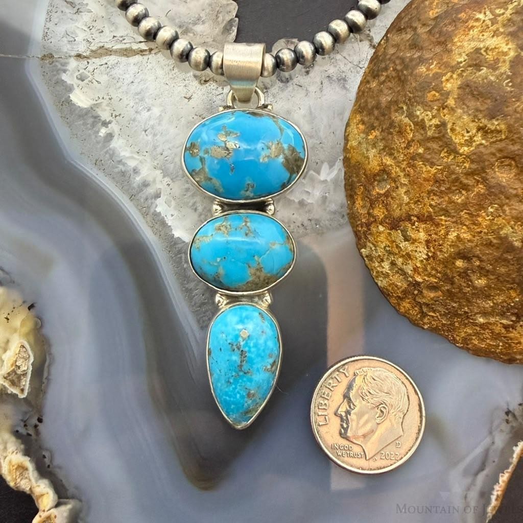 Sterling Silver Southwestern Style 3 Kingman Turquoise Pendant For Women #1