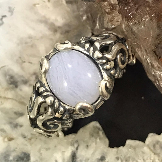 Carolyn Pollack Sterling Silver Oval Blue Lace Agate Decorated Ring Size 8.5 For Women