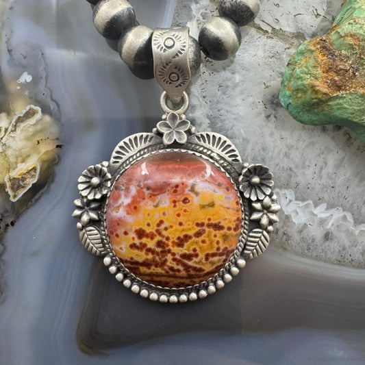 Sterling Silver Southwestern Style Round River Jasper Decorated Pendant For Women