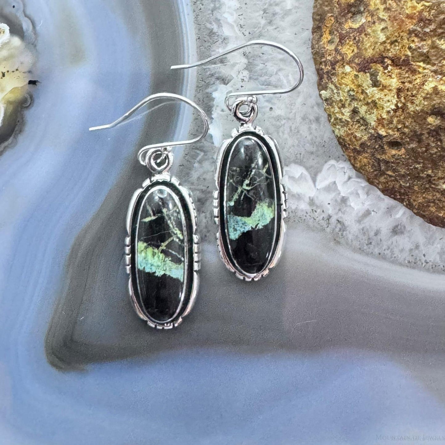 Native American Sterling Silver Oval Blackjack Dangle Earrings For Women