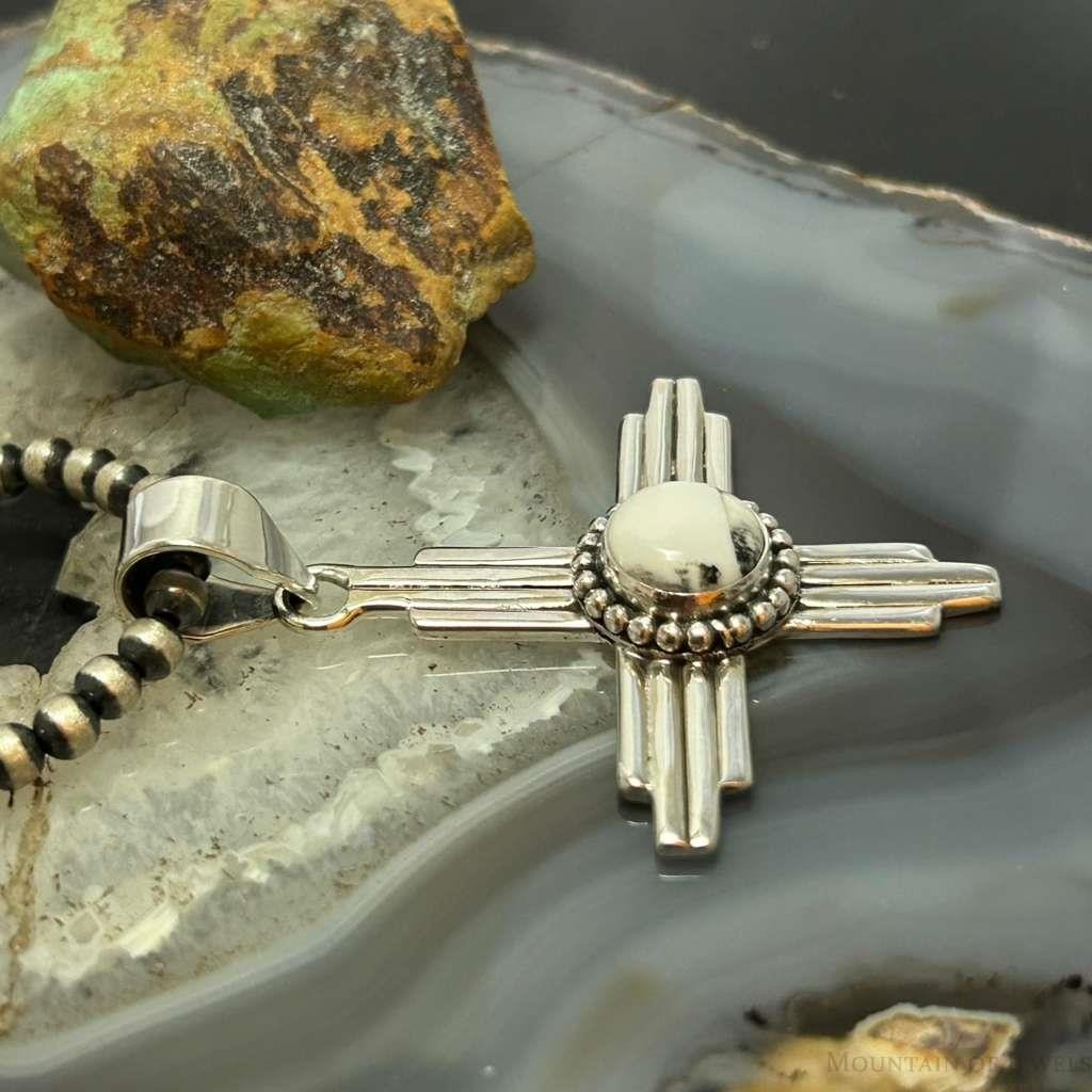 Sterling Silver Southwestern Style Round White Buffalo Unisex Zia Pendant #2