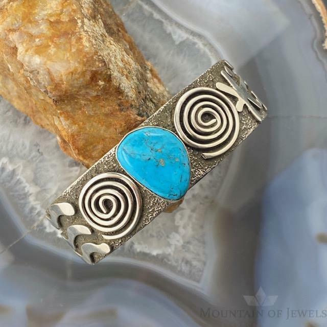 Alex Sanchez Native American Sterling Silver Turquoise and Petroglyph Bracelet For Women