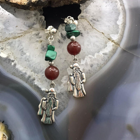 Carolyn Pollack Sterling Silver Malachite & Carnelian Father Christmas Dangle Earrings For Women