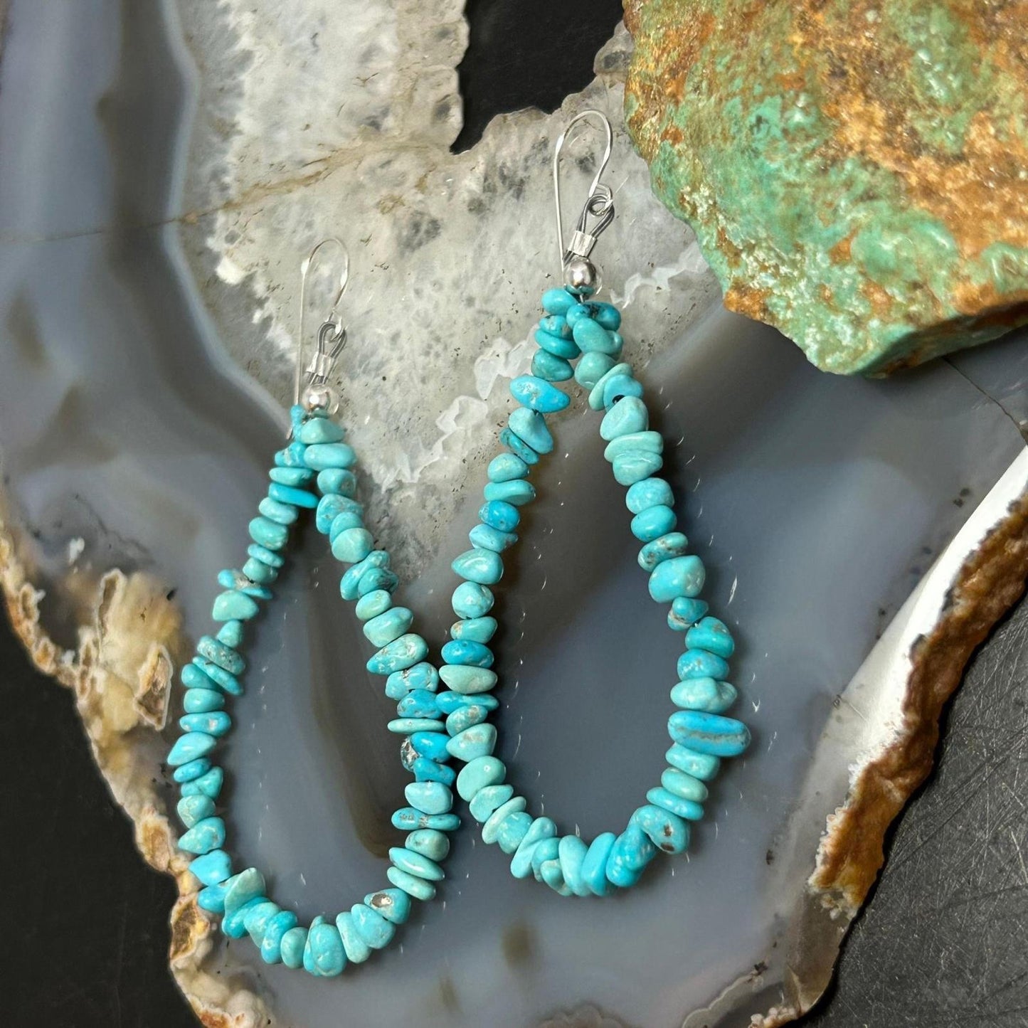Sterling Silver Blue Natural Turquoise Beads Hoop Earrings For Women