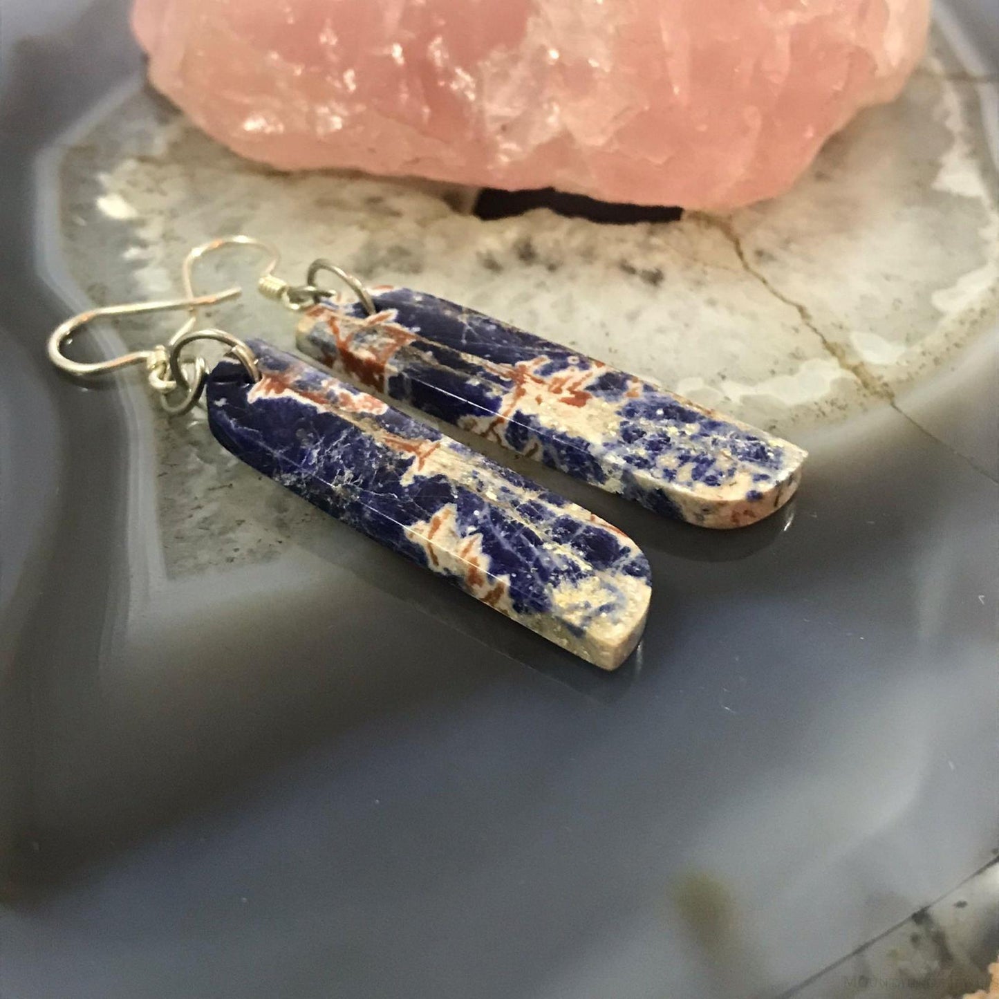 Sterling Silver Elongated Tilde Shape Blue Sodalite Slab Dangle Earrings For Women  #216