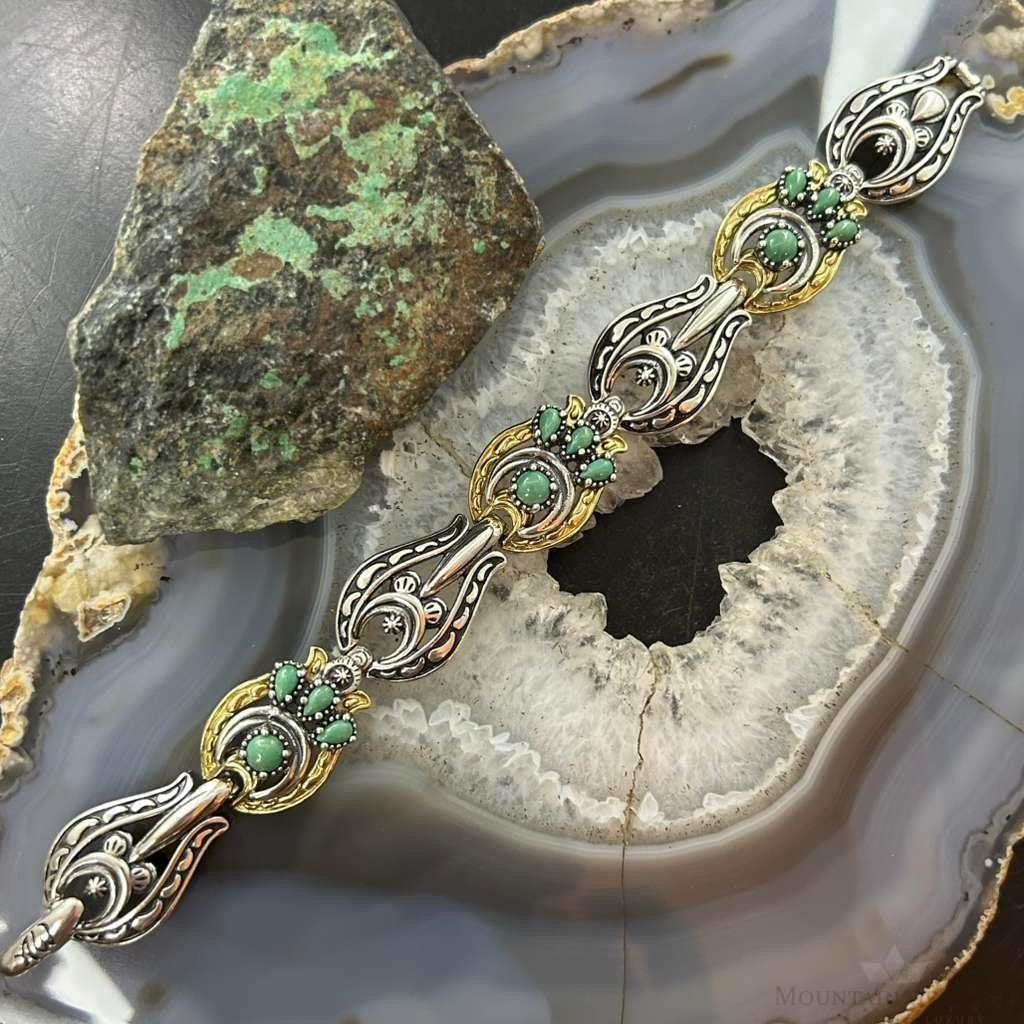 Carolyn Pollack Sterling Silver &Brass w/Green Turquoise Link Bracelet For Women