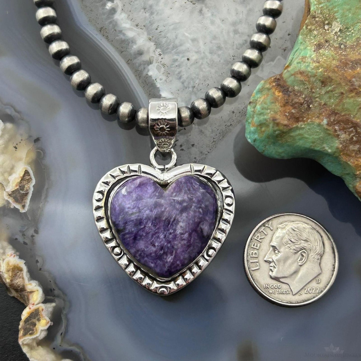 Sterling Silver Southwestern Style Charoite Decorated Heart Pendant For Women #2