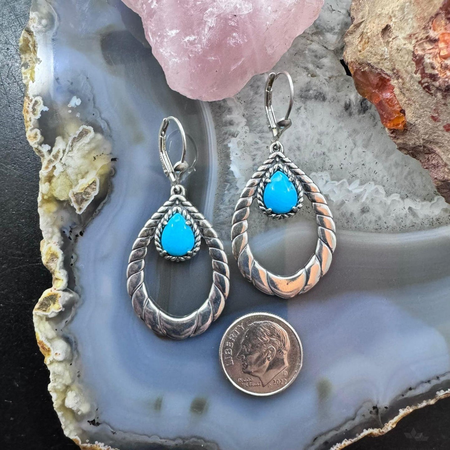 Carolyn Pollack Sterling Silver Teardrop Sleeping Beauty Turquoise Hoop Dangle Earrings For Women